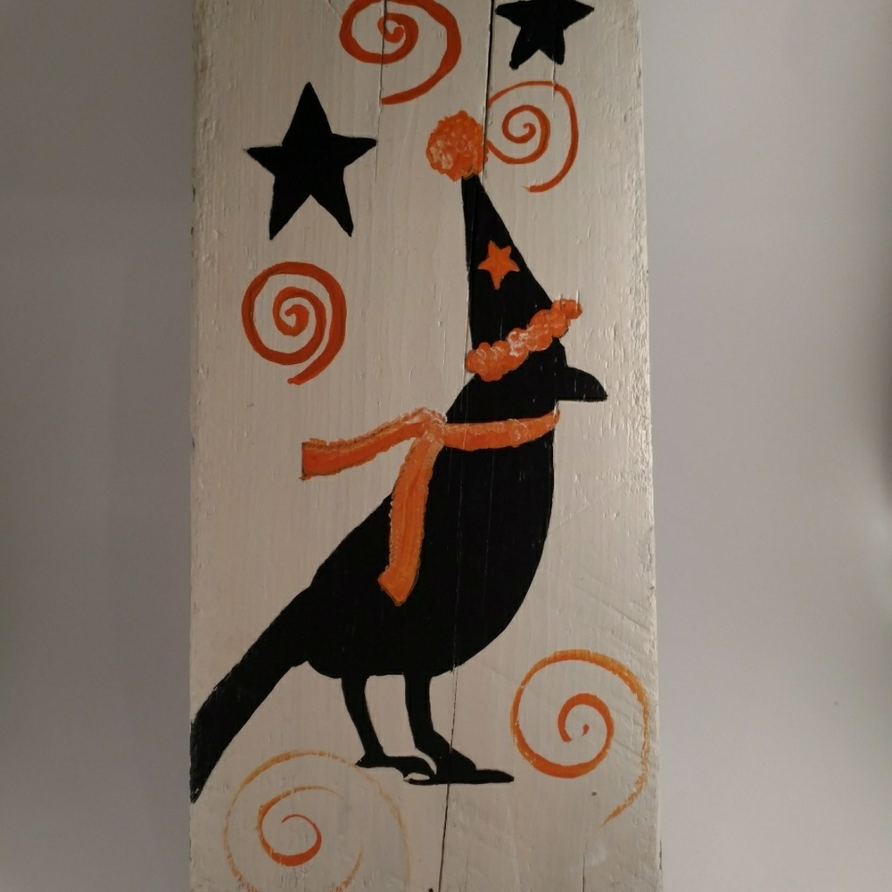Vintage Handpainted Black Crow Halloween Scene